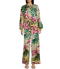 Guess Coordinating Satin Tropical Print Long Sleeve Bowed Jun Shirt