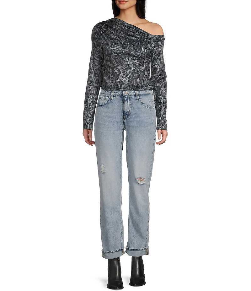 Guess Long Sleeve One Shoulder Anita Snakeskin Printed Top