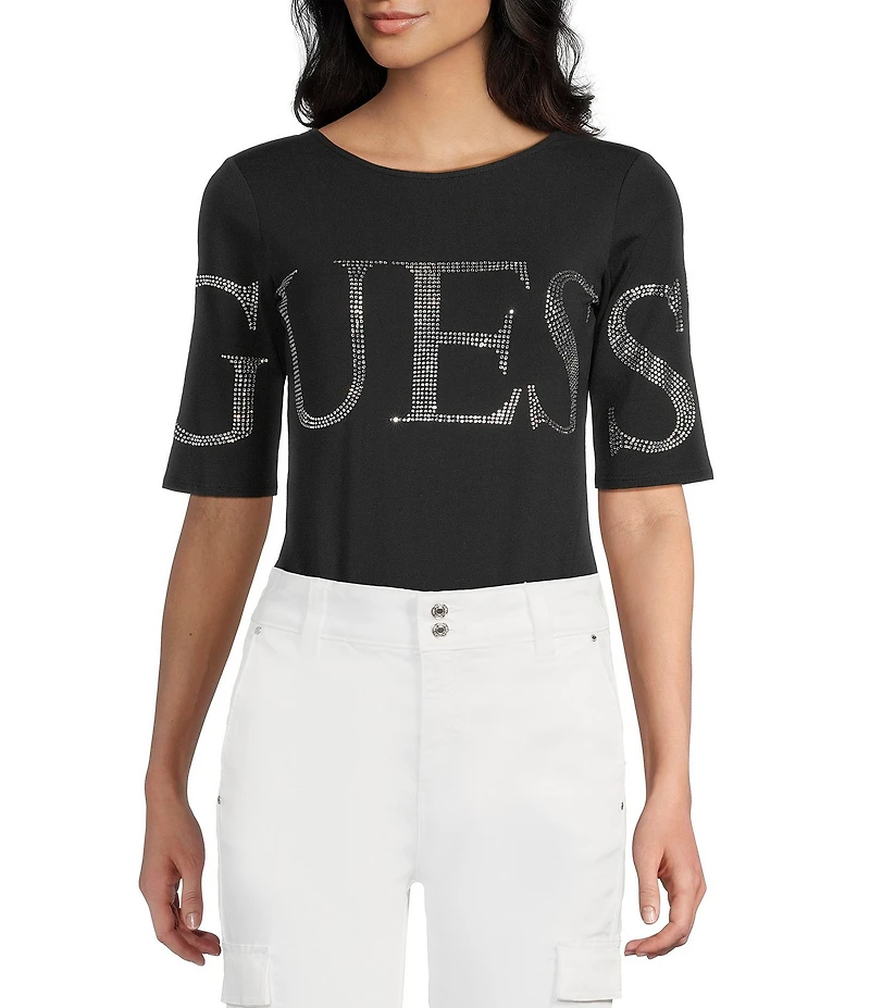 Guess Low Back #double;Guess#double; Bling Accented Short Sleeve Bodysuit