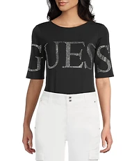 Guess Low Back #double;Guess#double; Bling Accented Short Sleeve Bodysuit