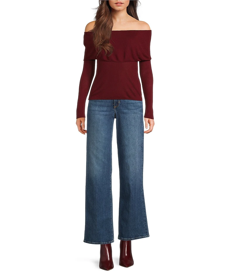 Guess Melanie Off-The-Shoulder Long Sleeve Ribbed Knit Sweater