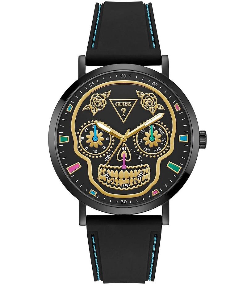 Guess Men's Day of the Dead Multifunction Black Silicone Strap Watch