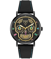 Guess Men's Day of the Dead Multifunction Black Silicone Strap Watch