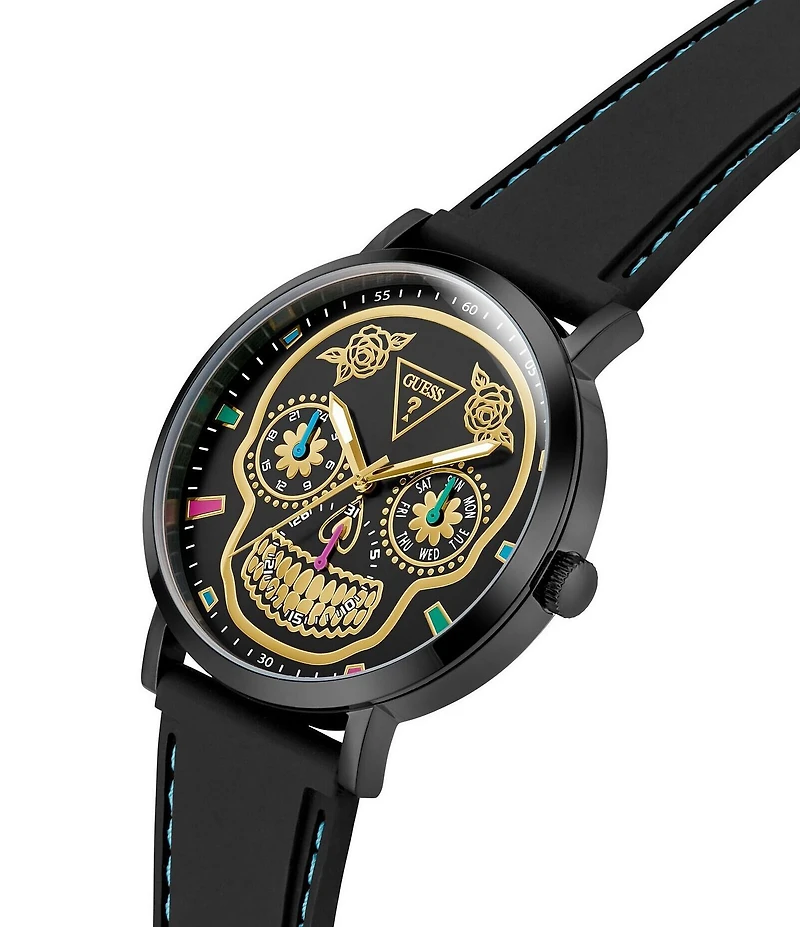 Guess Men's Day of the Dead Multifunction Black Silicone Strap Watch