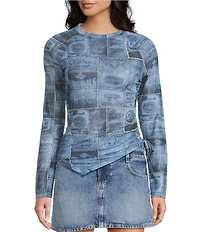 Guess Mixed Media Printed Raglan Sleeve Top