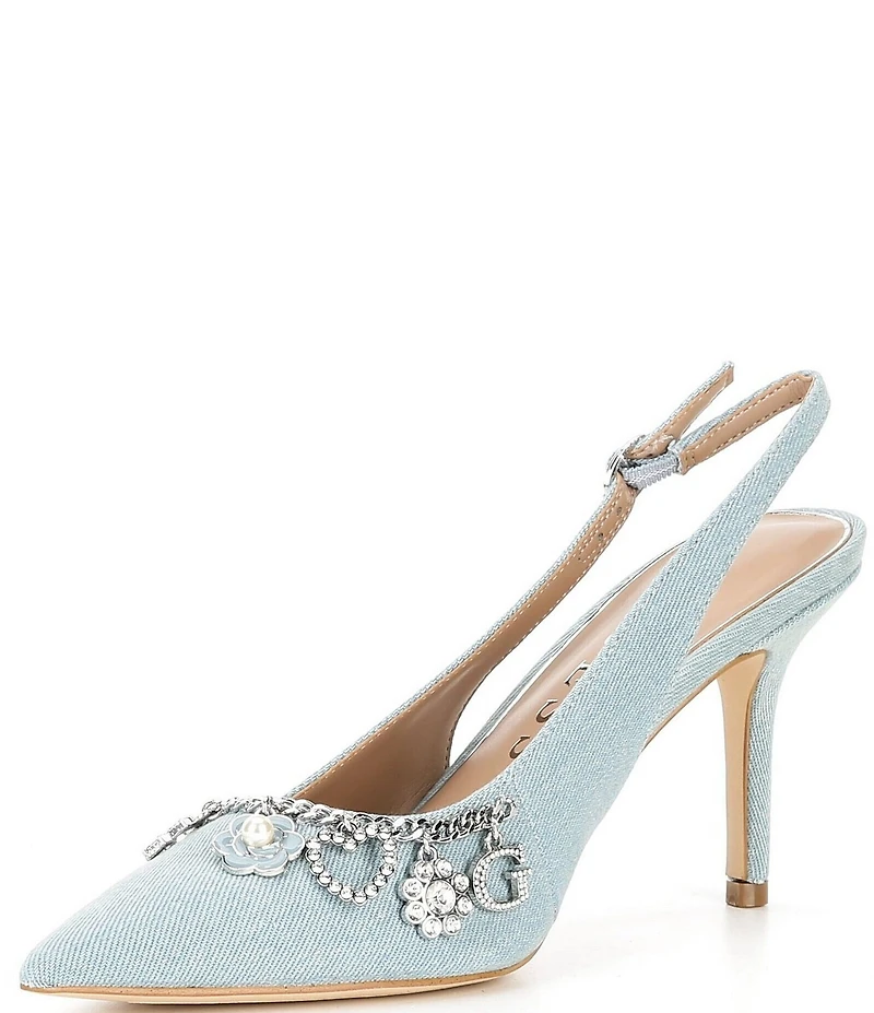 Guess Naska Denim Charm Bracelet Ornament Slingback Pumps