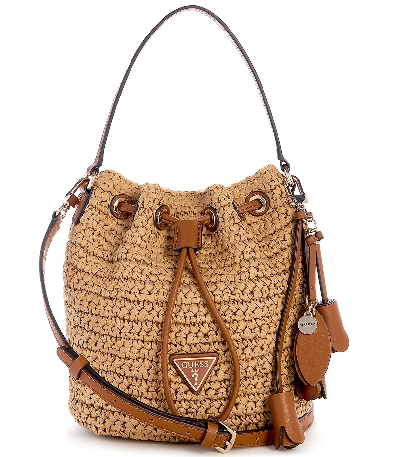 Guess Ofelia Top Handle Woven Straw Bucket Bag