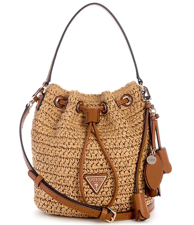 Guess Ofelia Top Handle Woven Straw Bucket Bag