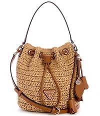 Guess Ofelia Top Handle Woven Straw Bucket Bag