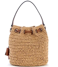 Guess Ofelia Top Handle Woven Straw Bucket Bag