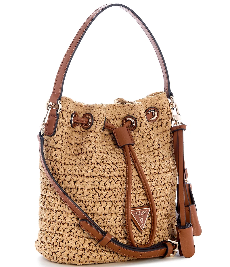 Guess Ofelia Top Handle Woven Straw Bucket Bag