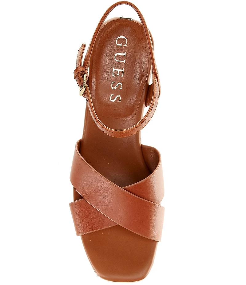 Guess Qeelin Leather Ankle Strap Crossband Platform Block Heel Sandals