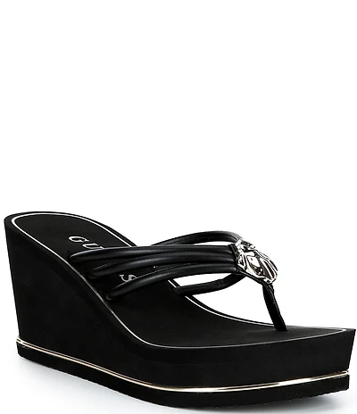 Guess Sabrie Hardware Detail Platform EVA Wedge Thong Sandals