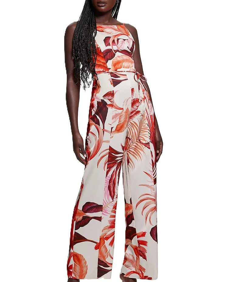 Guess Sana Tropical Printed Sleeveless Satin Jumpsuit