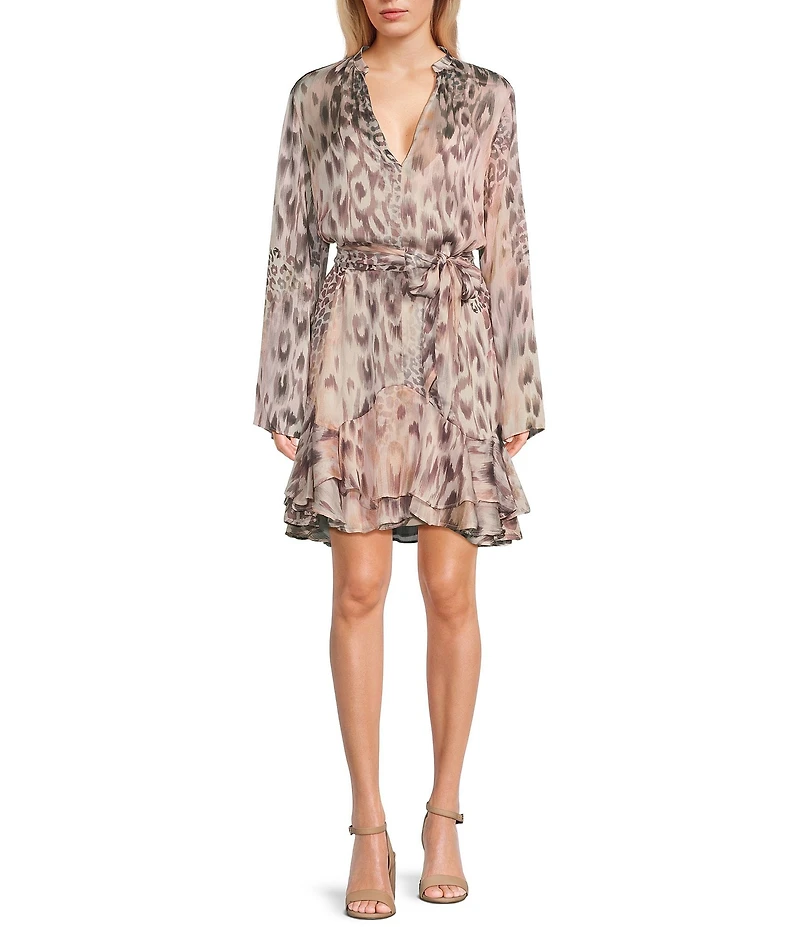 Guess Sibilla Jaguar-Printed Long Sleeve Belted Chiffon Dress