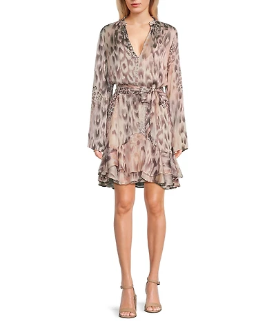 Guess Sibilla Jaguar-Printed Long Sleeve Belted Chiffon Dress