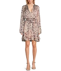 Guess Sibilla Jaguar-Printed Long Sleeve Belted Chiffon Dress