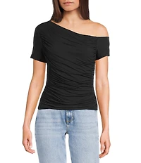 Guess Solid Asymmetrical Neckline Short Sleeve Shirred Jade Top