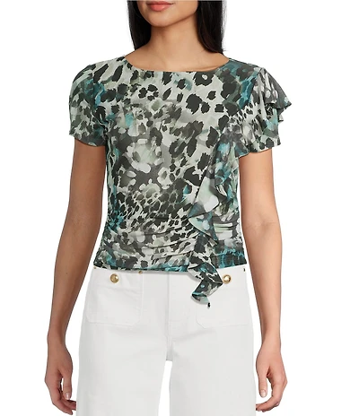 Guess Verdiana Leopard Printed Short Sleeve Slinky Mesh T-Shirt