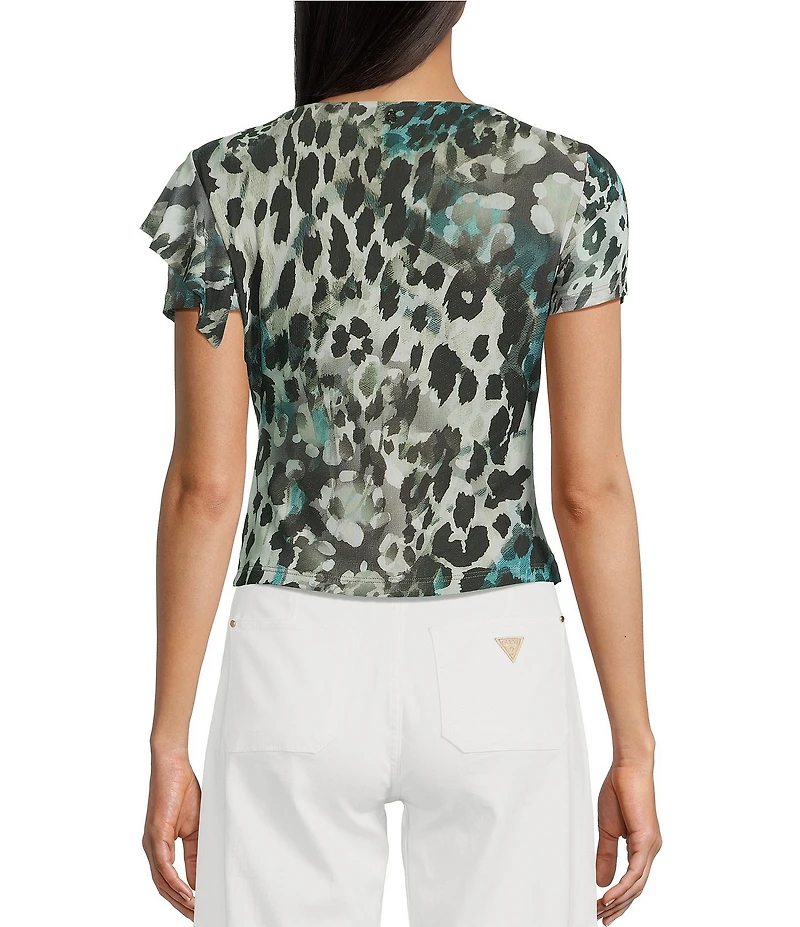 Guess Verdiana Leopard Printed Short Sleeve Slinky Mesh T-Shirt