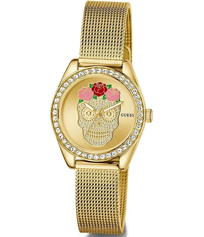 Guess Women's Day Of The Dead Analog Gold Tone Stainless Steel Mesh Bracelet Watch