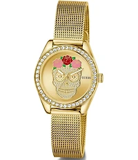Guess Women's Day Of The Dead Analog Gold Tone Stainless Steel Mesh Bracelet Watch