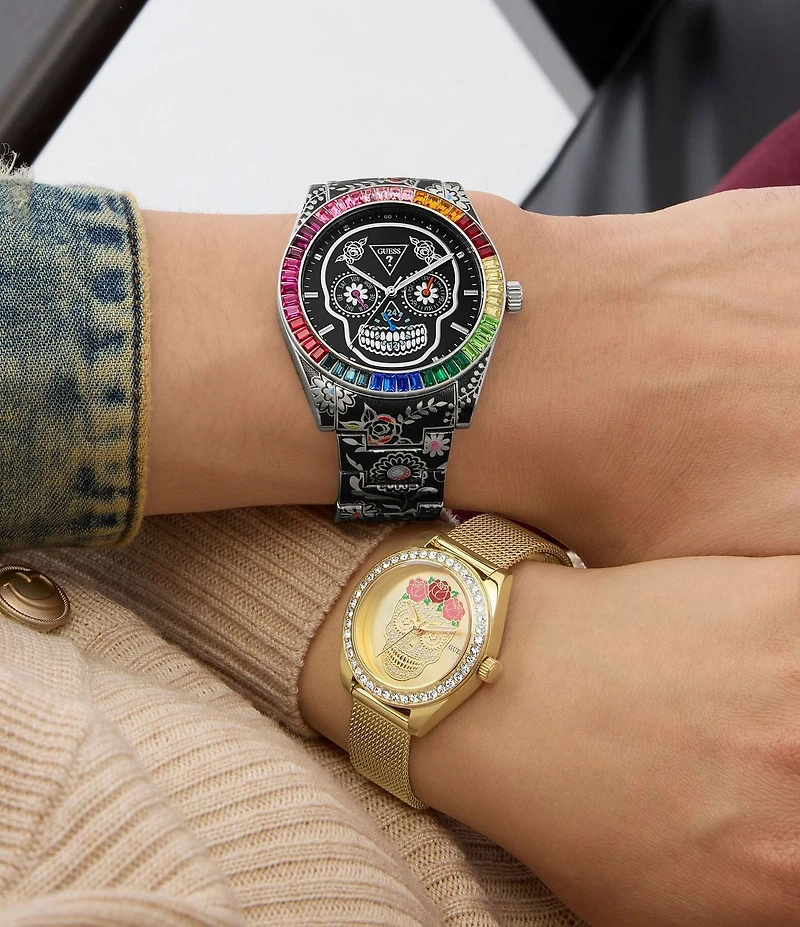 Guess Women's Day Of The Dead Analog Gold Tone Stainless Steel Mesh Bracelet Watch