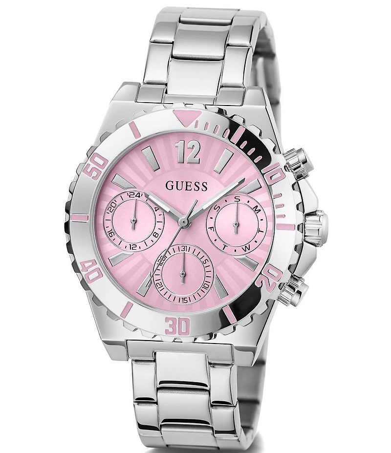 Guess Women's Multifunction Pink Dial Silver Stainless Steel Bracelet Watch