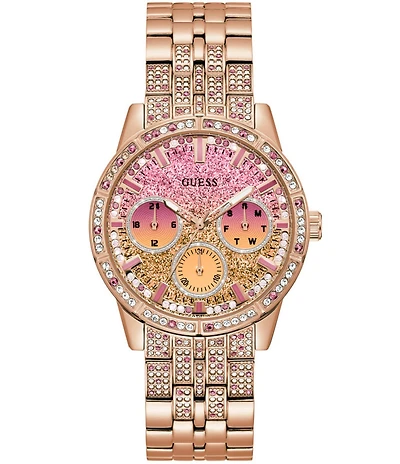 Guess Women's Multifunction Rose Gold Glitz Stainless Steel Bracelet Watch