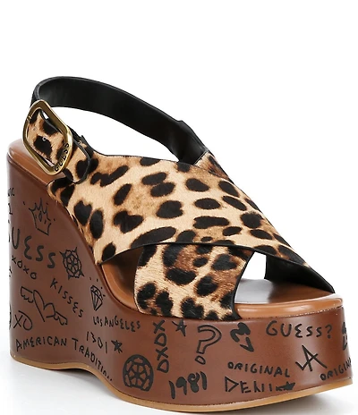 Guess Yarisel Leopard Calf Hair Crossband Graphic Wood Platform Wedge Sandals