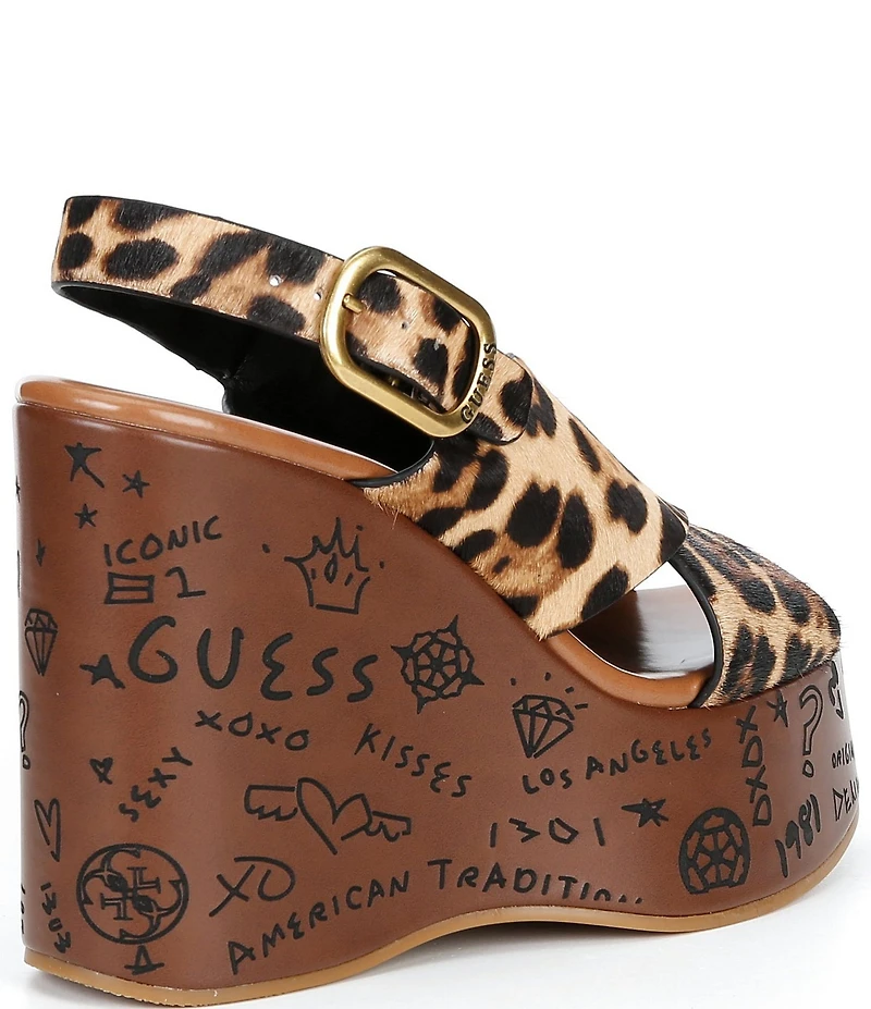 Guess Yarisel Leopard Calf Hair Crossband Graphic Wood Platform Wedge Sandals