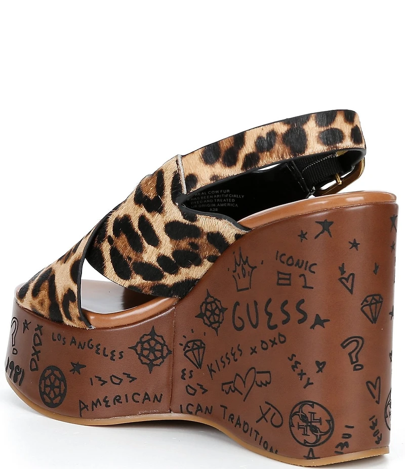 Guess Yarisel Leopard Calf Hair Crossband Graphic Wood Platform Wedge Sandals