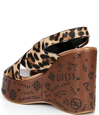 Guess Yarisel Leopard Calf Hair Crossband Graphic Wood Platform Wedge Sandals