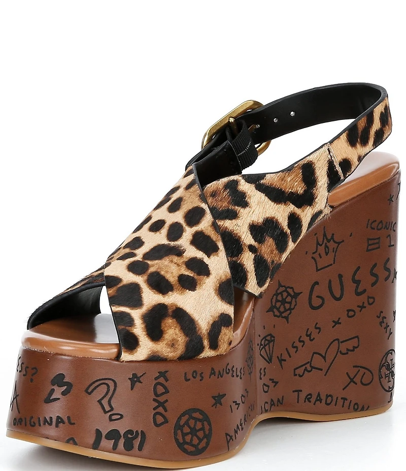 Guess Yarisel Leopard Calf Hair Crossband Graphic Wood Platform Wedge Sandals