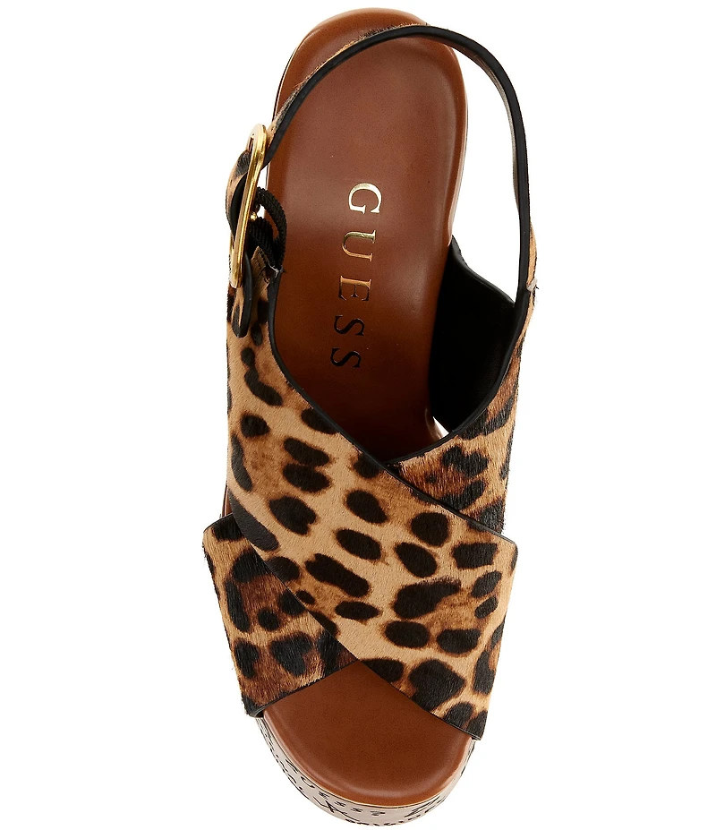 Guess Yarisel Leopard Calf Hair Crossband Graphic Wood Platform Wedge Sandals