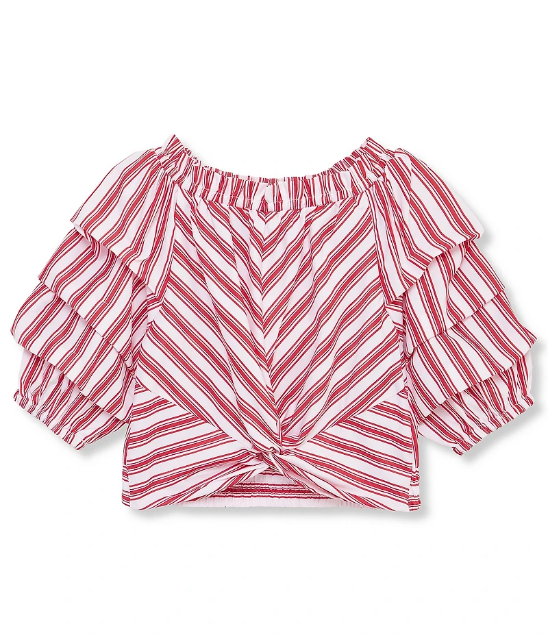 Habitual Big Girls Ruched-Sleeve Jagger Mixed-Media Striped Top