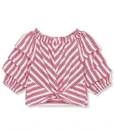 Habitual Big Girls Ruched-Sleeve Jagger Mixed-Media Striped Top