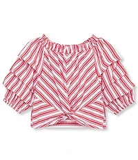 Habitual Big Girls Ruched-Sleeve Jagger Mixed-Media Striped Top
