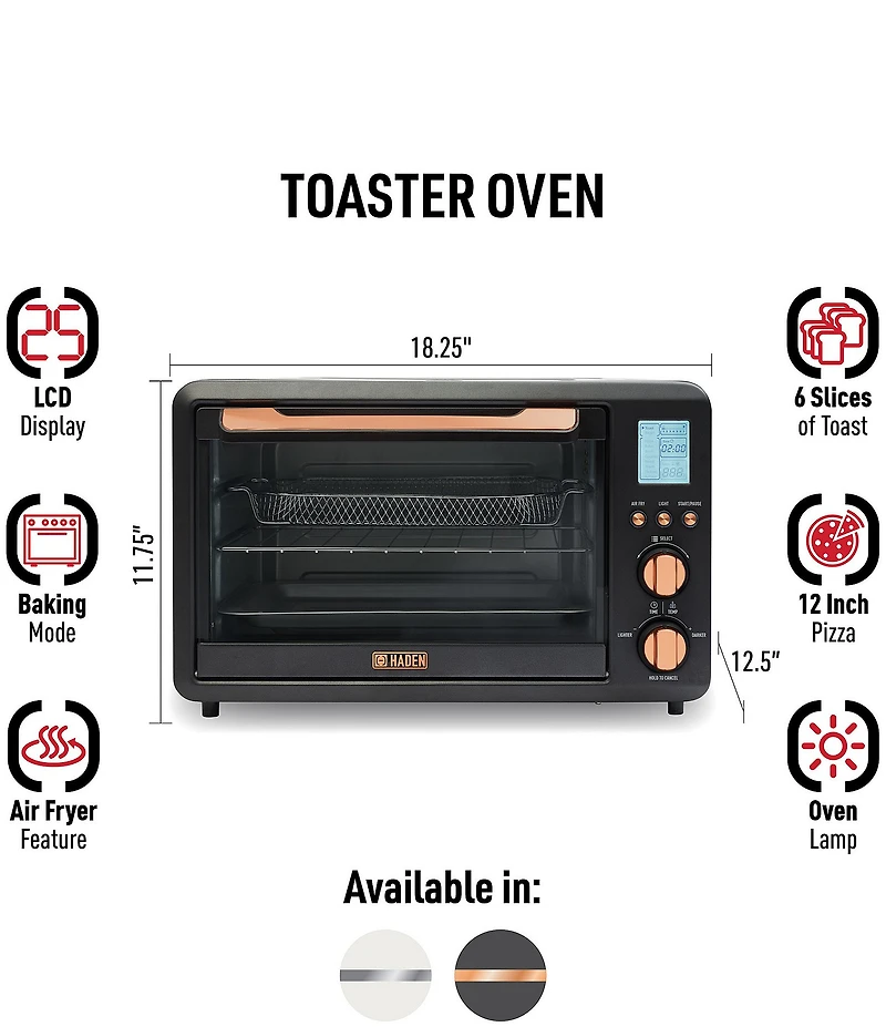 Haden 25 Liter 6-Slice Toaster Oven with Easy Reach Roll-Top Door, Air Fry, Bake, Broil, Toast Functions