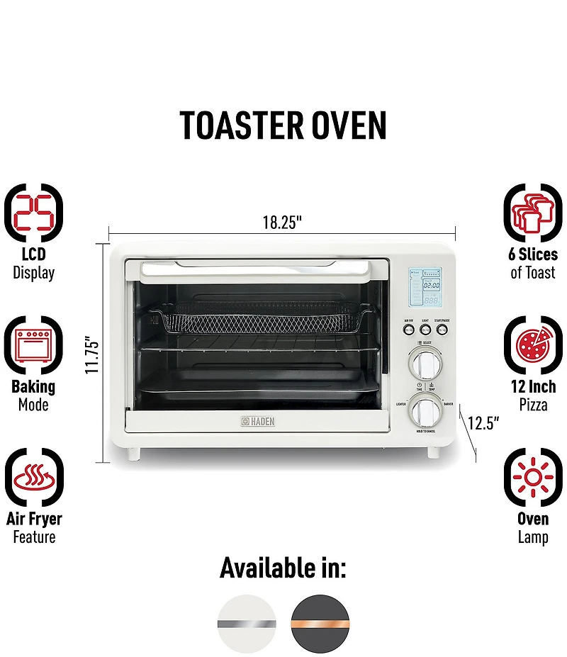 Haden 25 Liter 6-Slice Toaster Oven with Easy Reach Roll-Top Door, Air Fry, Bake, Broil, Toast Functions