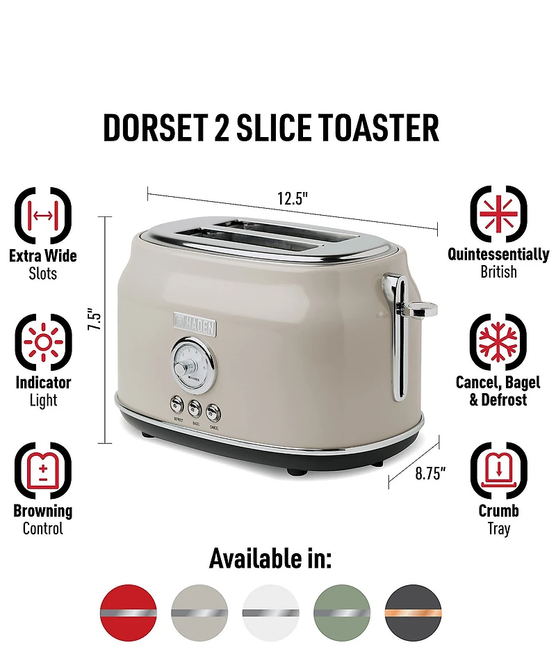 Haden Dorset 2 Slice Toaster Stainless Steel Wide Slot with Removable Crumb Tray and Control Settings Ivory and Chrome
