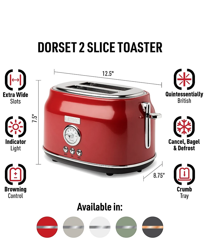 Haden Dorset 2 Slice Toaster Stainless Steel Wide Slot with Removable Crumb Tray and Control Settings Ivory and Chrome