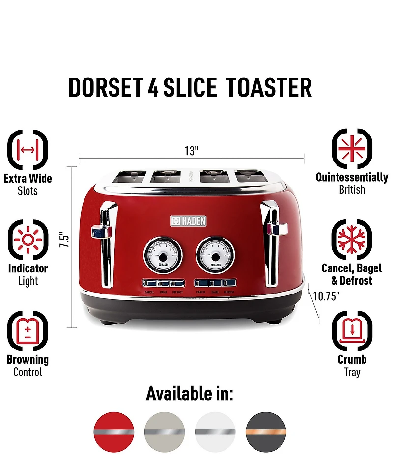 Haden Dorset 4-Slice Toaster Wide Slot with Removable Crumb Tray