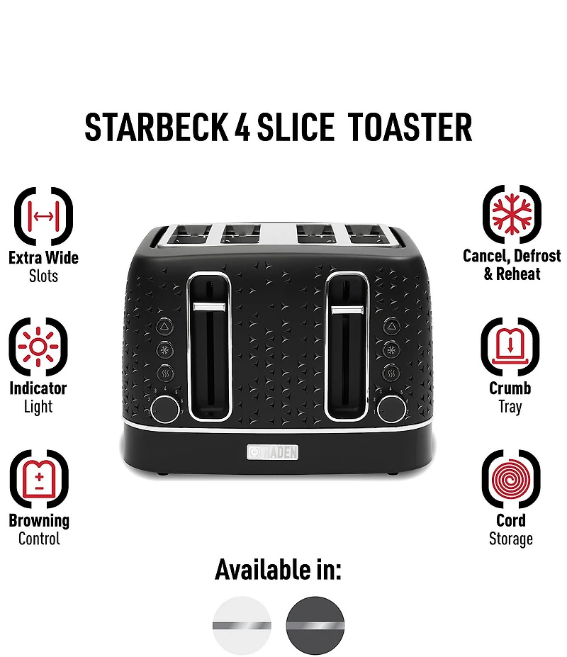Haden Starbeck 4 Slice Toaster Wide Slot with Removable Crumb Tray, Variable Browning Control, and Settings