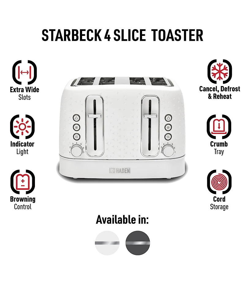 Haden Starbeck 4 Slice Toaster Wide Slot with Removable Crumb Tray, Variable Browning Control, and Settings