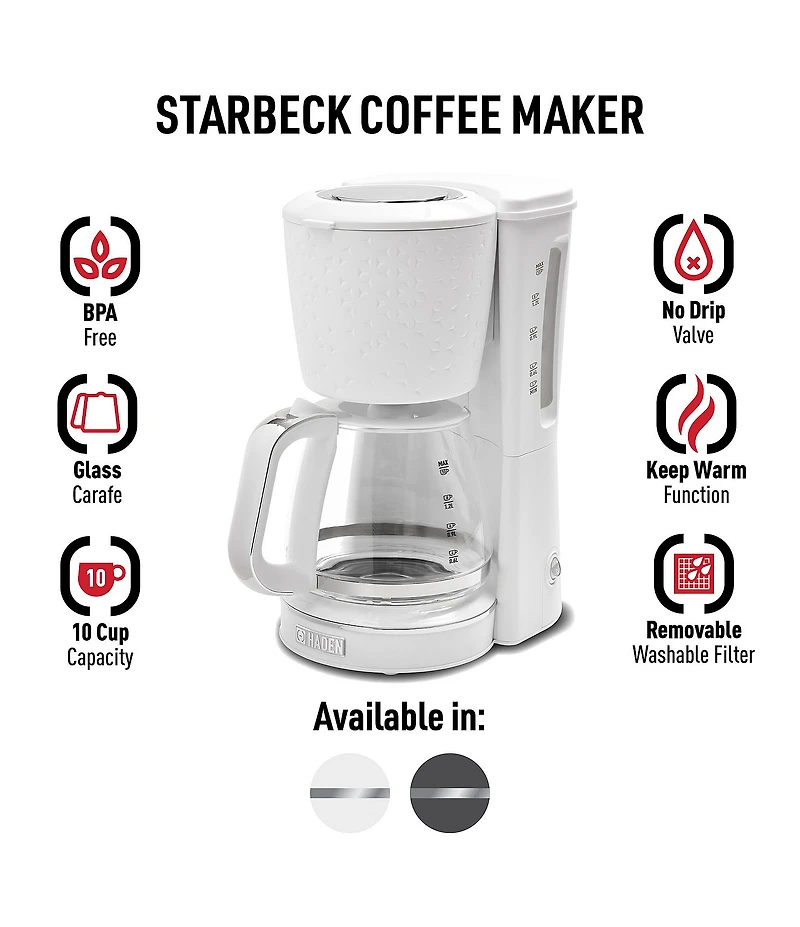 Haden Starbeck Coffee Drip Coffee Maker 1.5 Liter 10 Cup Coffee Machine, Textured PP/ABS Body with Glass Coffee Carafe