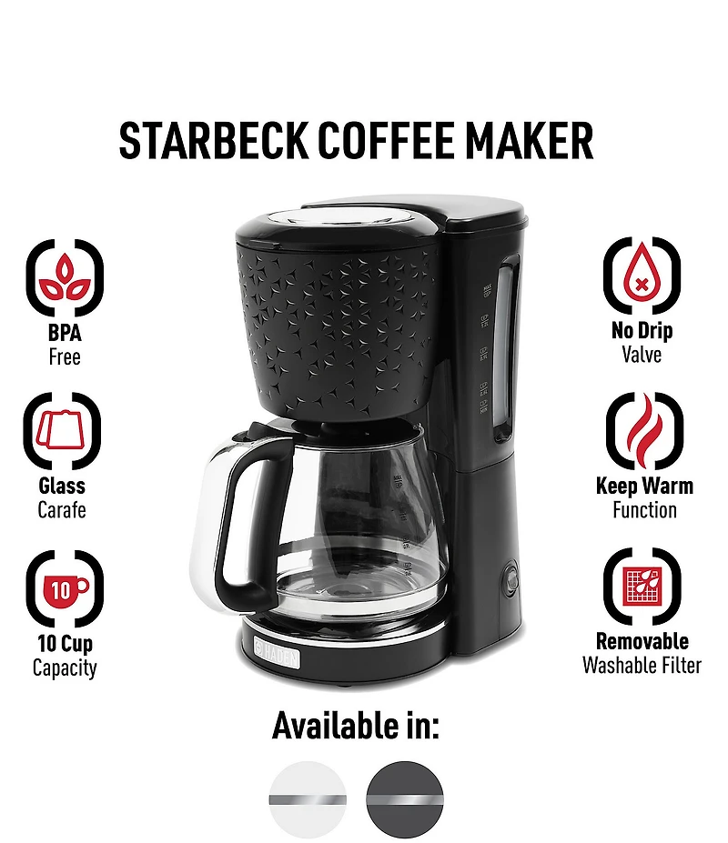 Haden Starbeck Coffee Drip Coffee Maker 1.5 Liter 10 Cup Coffee Machine, Textured PP/ABS Body with Glass Coffee Carafe
