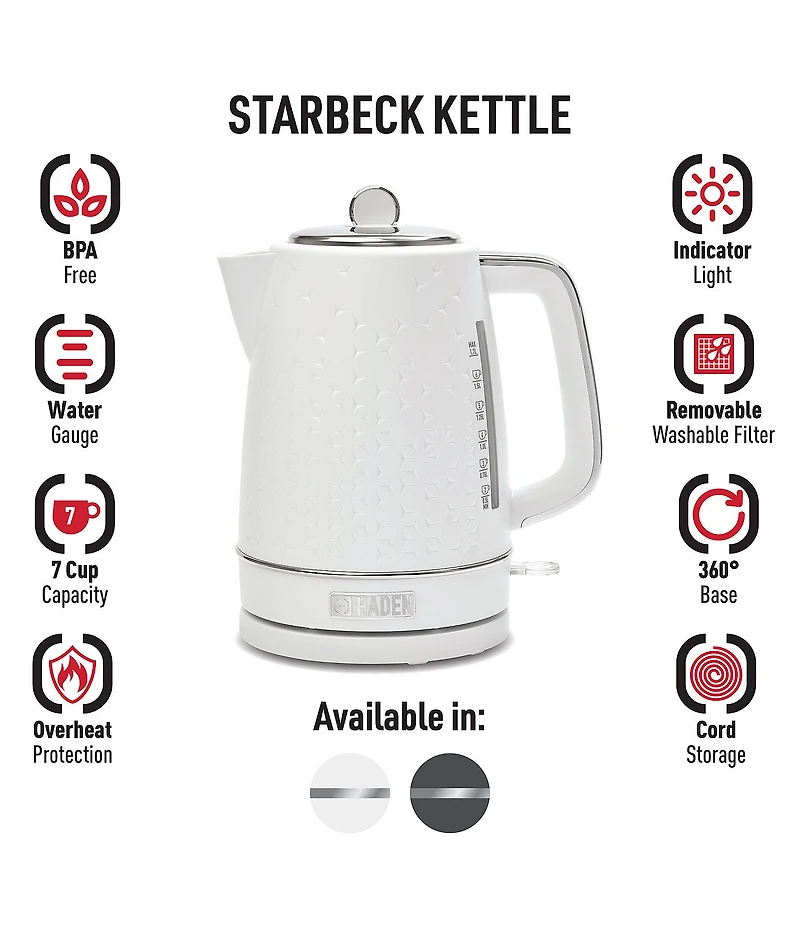 Haden Starbeck Kettle 1.7 Liter Textured PP/ABS Body, Cordless Electric Kettle with Auto Shut-Off and Boil-Dry