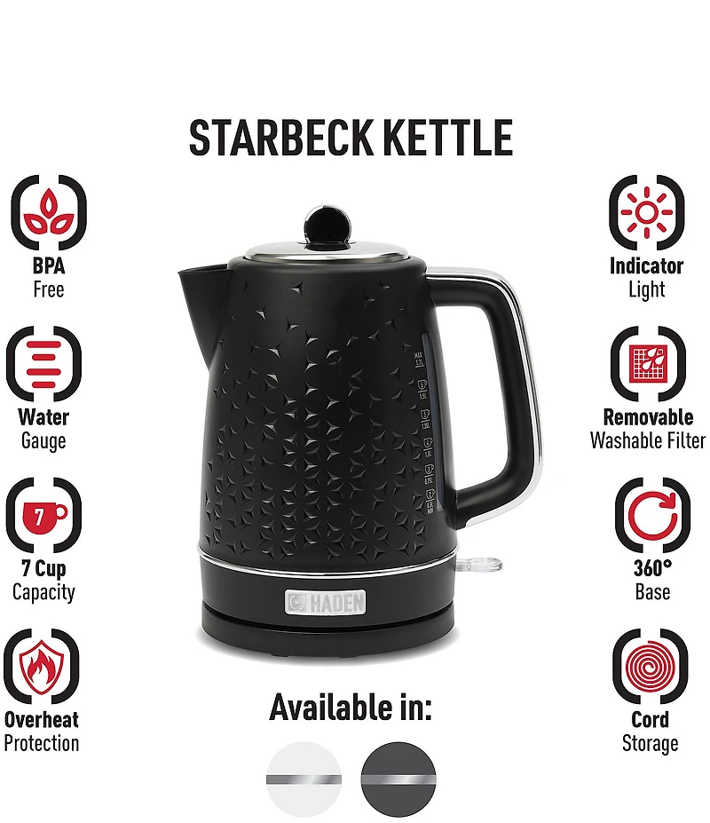 Haden Starbeck Kettle 1.7 Liter Textured PP/ABS Body, Cordless Electric Kettle with Auto Shut-Off and Boil-Dry