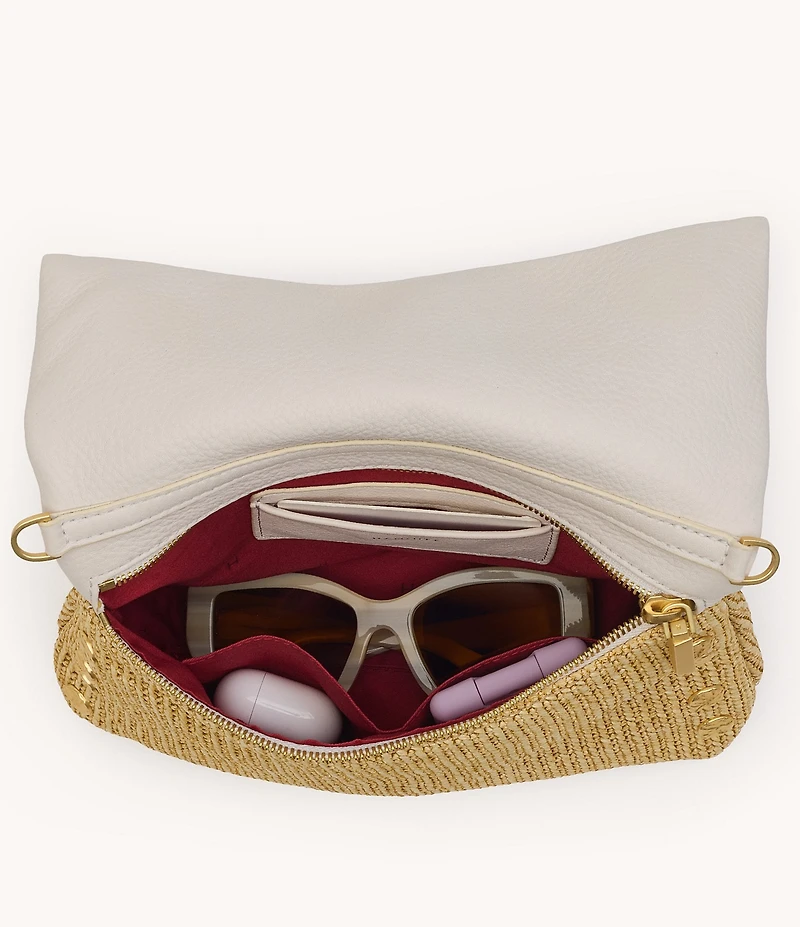 Hammitt Foldover VIP Medium Crossbody Calla Lily White Raffia/Brushed Gold Hammered